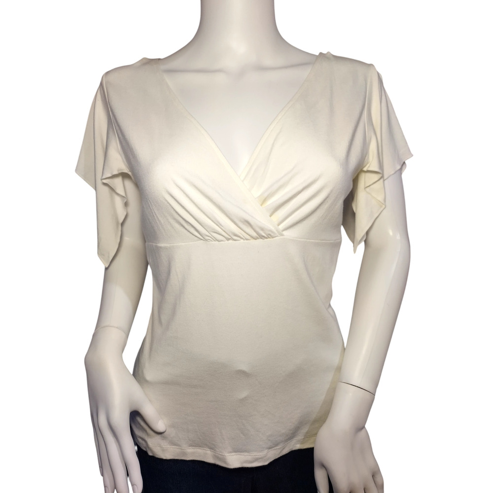 Ann Taylor Loft Womens Flutter Sleeve V-neck Stretch Blouse Cream Size Medium